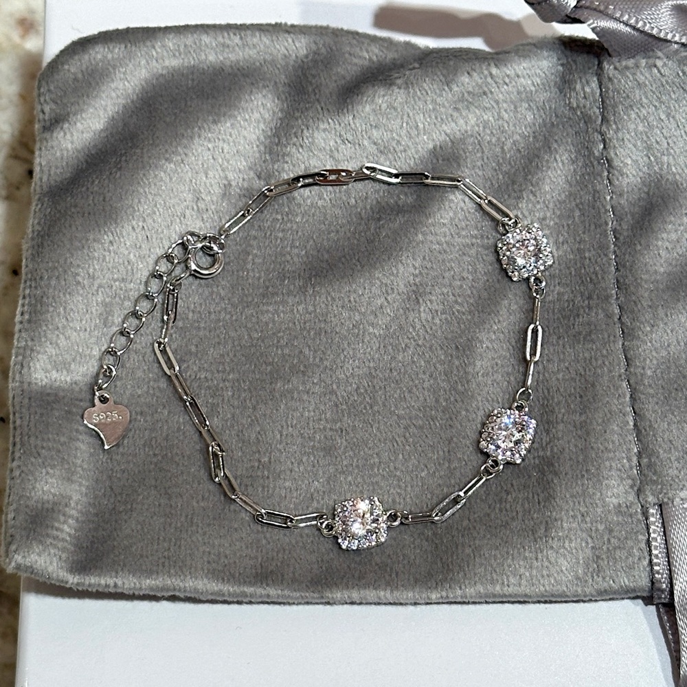 925 Sterling Silver Cushion cut paperclip chain Bracelet